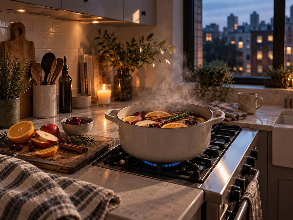 Steaming fall simmer pot on a kitchen stove at dusk with warm interior light and a city view outside.