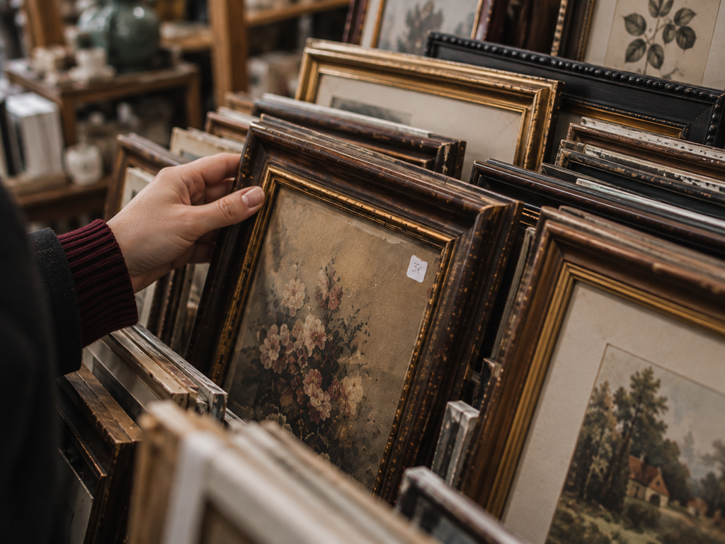 Close view of an aged dark wood and gilt picture frame among secondhand frames in a thrift store.
