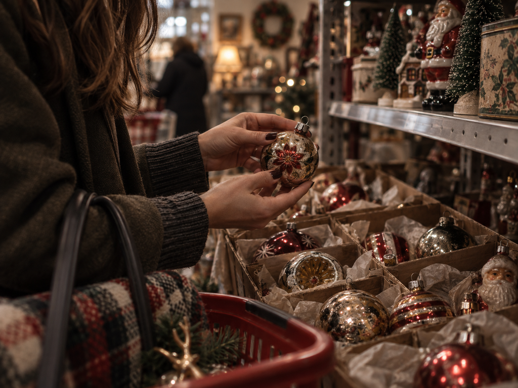 Hands inspecting a hand-painted vintage Christmas ornament in a thrift store.