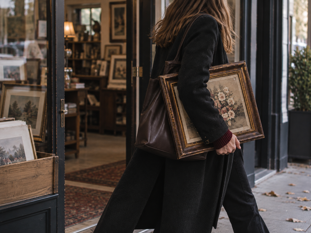 Woman leaving a thrift store carrying one vintage dark wood picture frame with an old floral print.