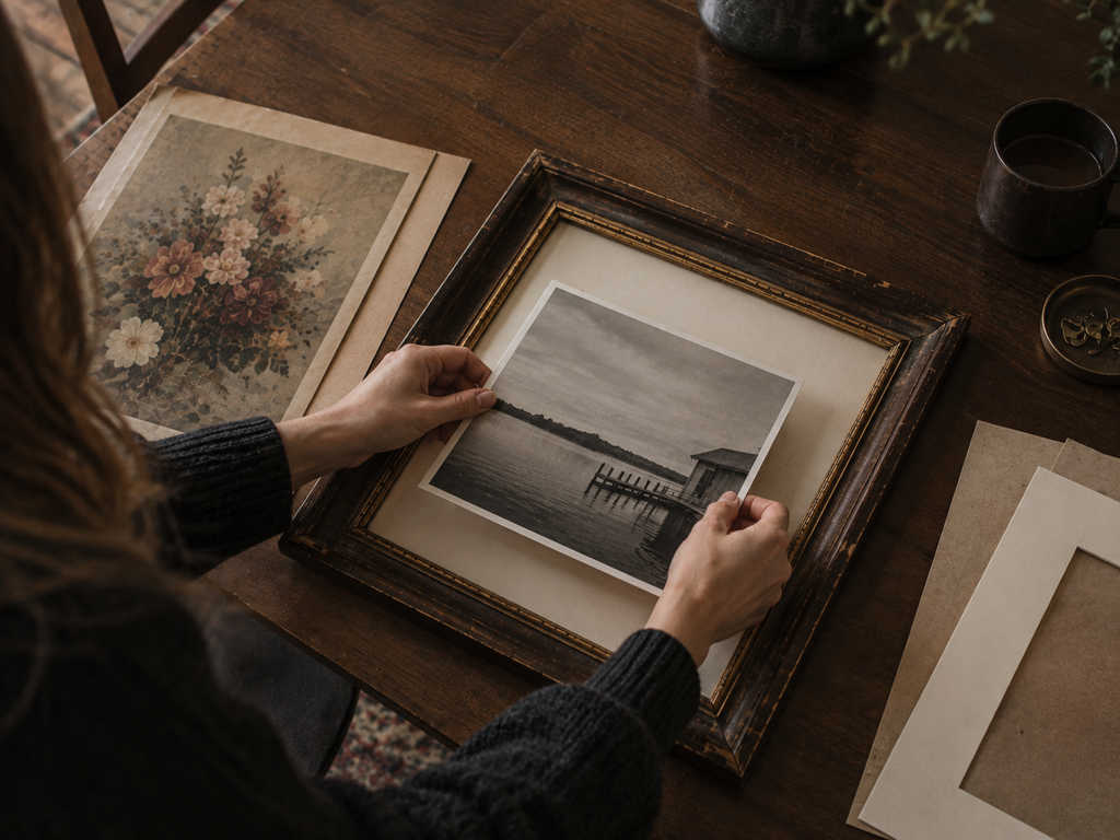 Vintage picture frame being reframed at home with a black-and-white photograph and warm cream mat.
