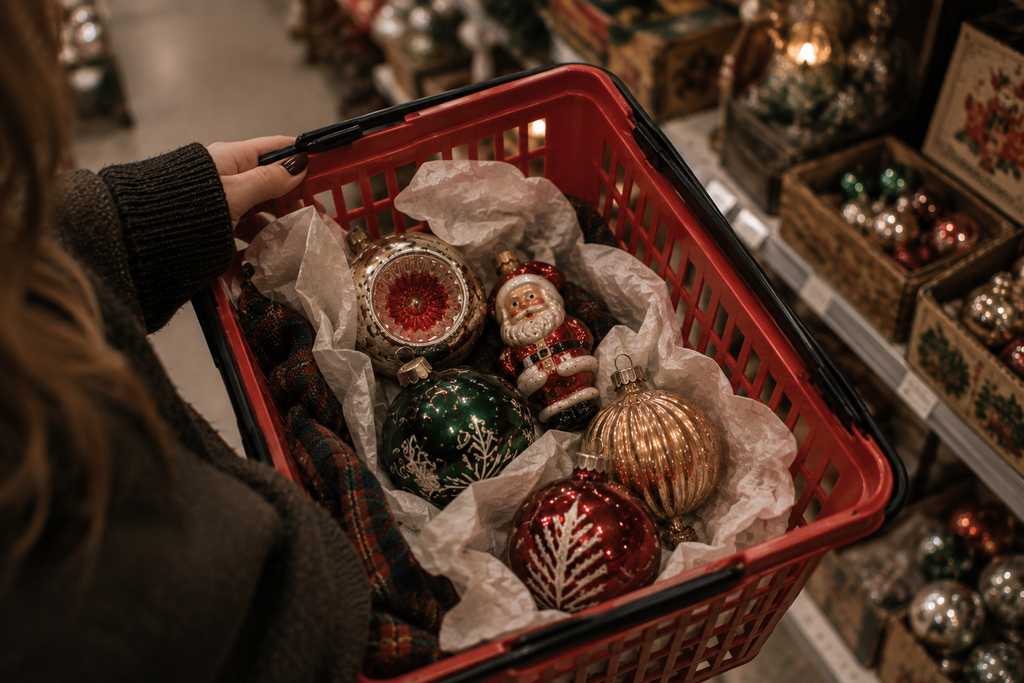 Small collection of vintage Christmas ornaments selected in a thrift store basket.