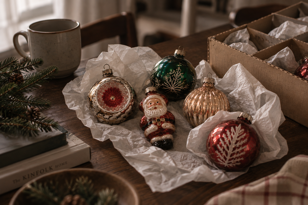 Vintage Christmas ornaments arranged on a wooden table after a thrift-store hunt.