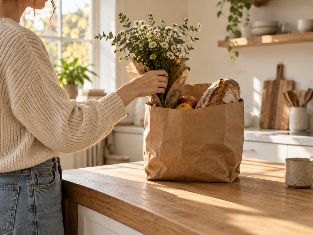 Paper grocery bag on the same oak kitchen counter with one loaf of bread, simple seasonal flowers and a few pieces of fruit, while a hand casually removes the flowers.