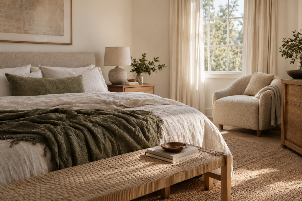 Same-home bedroom at soft early-evening light, freshly made but slightly rumpled bed, warm lamp and restrained rust accent, with no hotel styling.