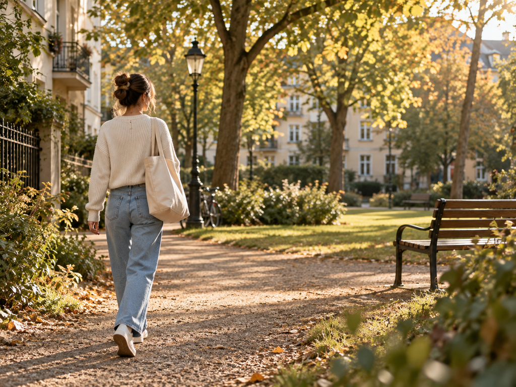 Person seen from behind walking toward a nearby tree-lined park or neighborhood viewpoint during warm late-afternoon light, wearing jeans and a light sweater with a simple canvas tote.