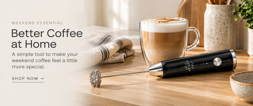 compact milk frother or simple manual coffee brewer / makes an ordinary at-home coffee feel distinctly weekend without requiring a café trip 