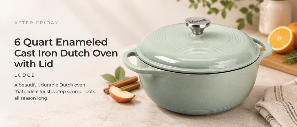 Lodge 6-quart enameled cast iron Dutch oven styled in a warm After Friday kitchen setting for easy fall simmer pots and weekend cooking.