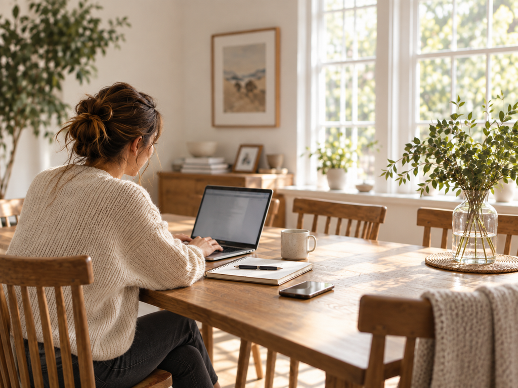 ALT TEXT: Simple financial review with a laptop and notebook at a bright wooden dining table.
