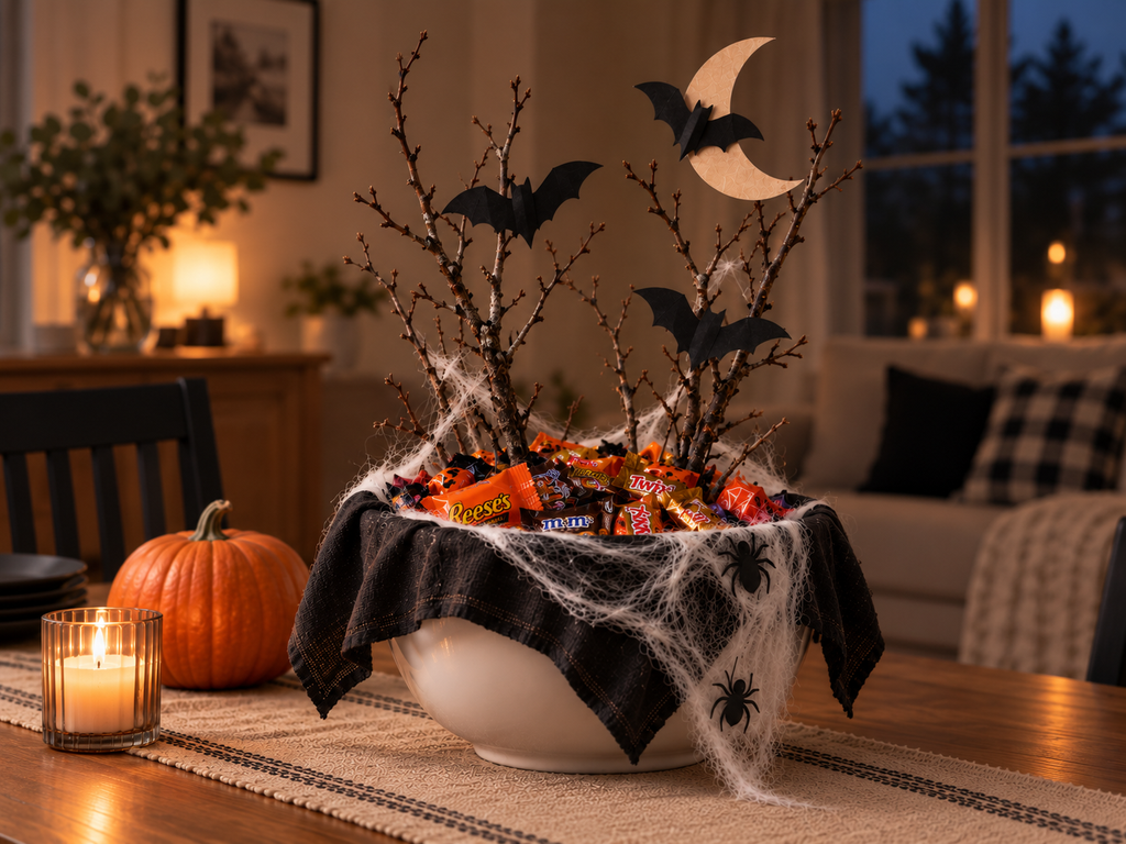 Finished DIY Halloween candy bowl with paper bats and branches on a dining table at night.