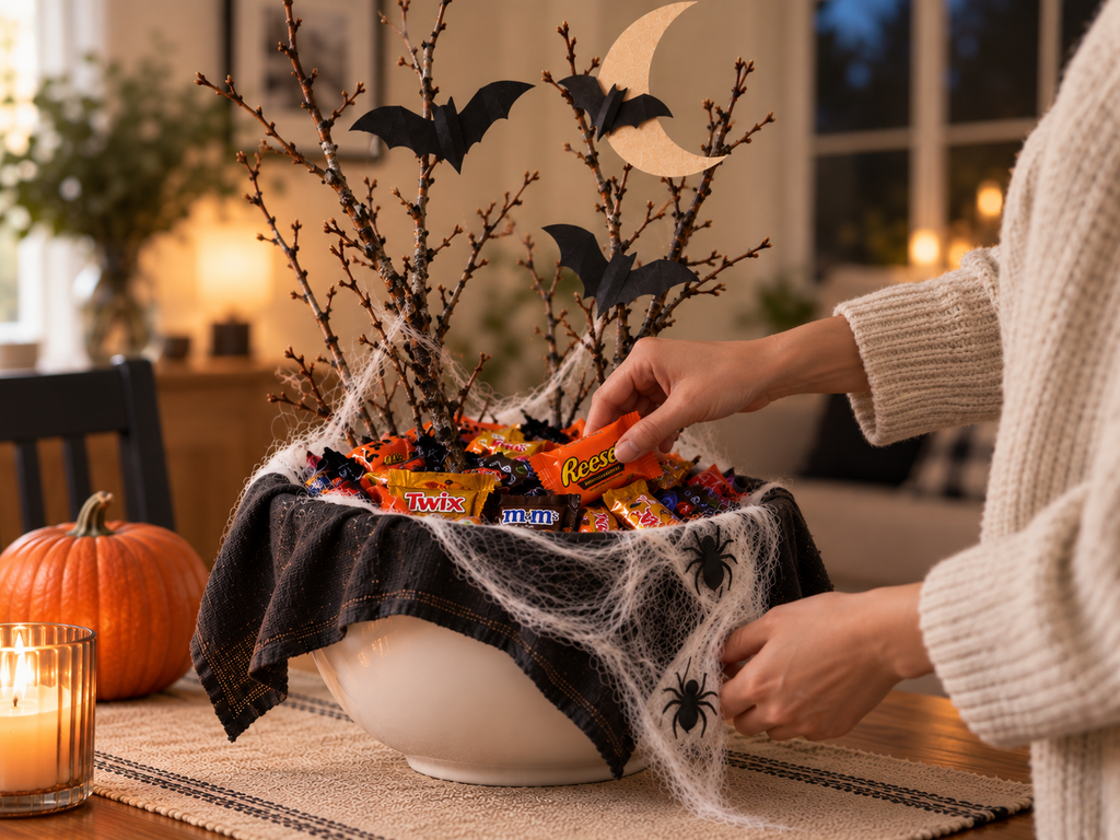 Hands attaching a black paper bat to a bare branch in a DIY Halloween candy bowl.