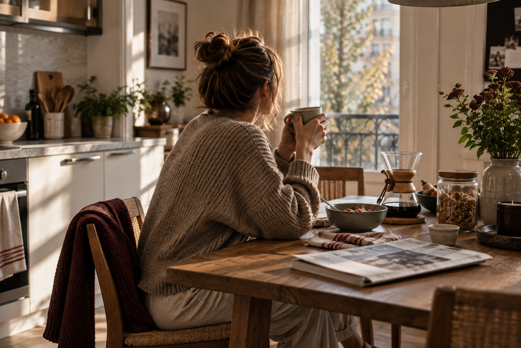 Woman holding a mug at a wooden breakfast table beside a bowl and coffee maker, looking out the window.