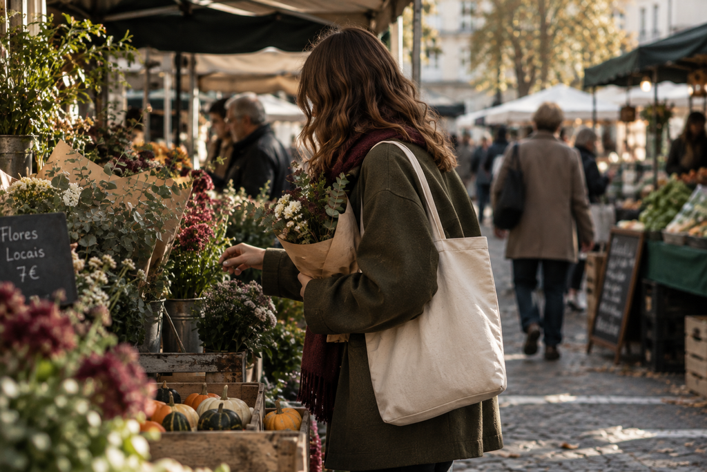 Woman in an olive coat browsing flowers at an outdoor market with a canvas tote over her shoulder.