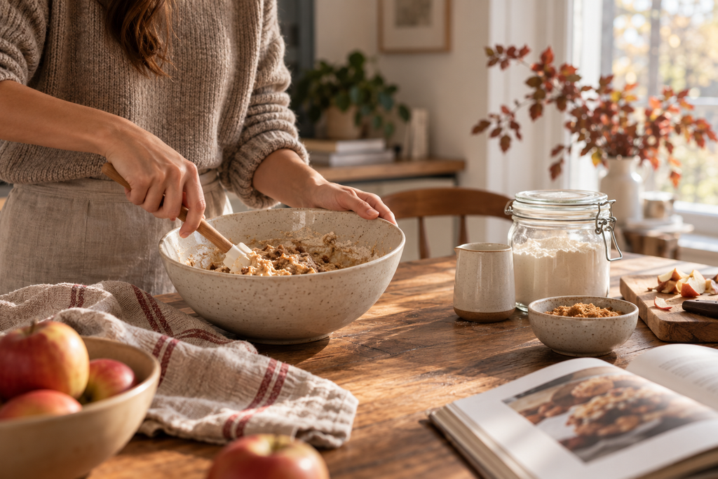 hands mixing a simple fall bake at the same warm wood table, with only a bowl, towel and a few genuinely necessary ingredients visible