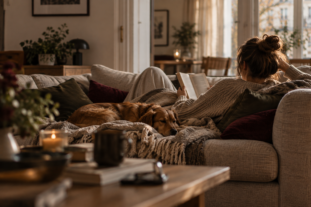 Woman reading on a sofa beside a sleeping dog, with a mug and books on the coffee table.