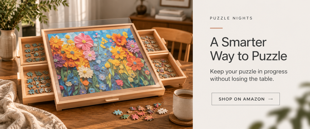 puzzle board or roll-up puzzle mat / lets a puzzle stay in progress without permanently losing the table / highly practical fit for small or multipurpose homes