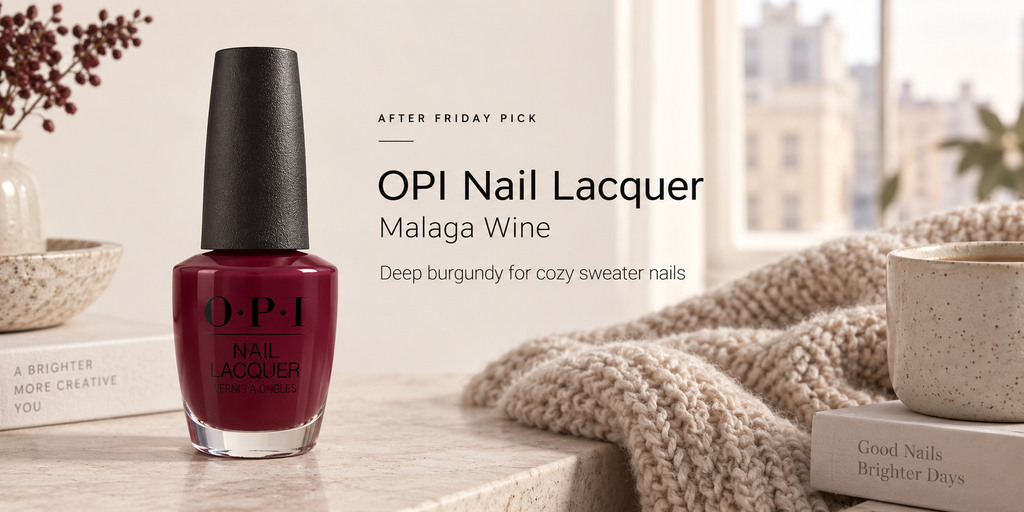 OPI Malaga Wine styled in the After Friday fall beauty aesthetic as a rich burgundy shade for polished sweater-inspired nails.