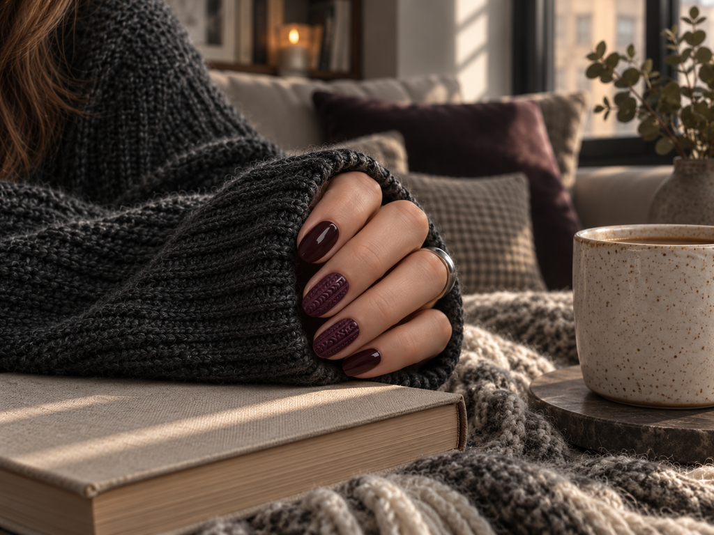 Burgundy textured sweater nails resting on a closed book beside a ceramic mug in soft moody afternoon light.