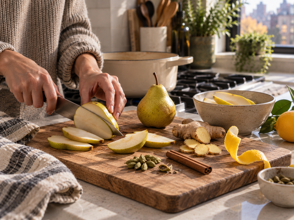 Pear slices, fresh ginger, cardamom pods, lemon peel, and cinnamon prepared beside a simmer pot in a bright kitchen.