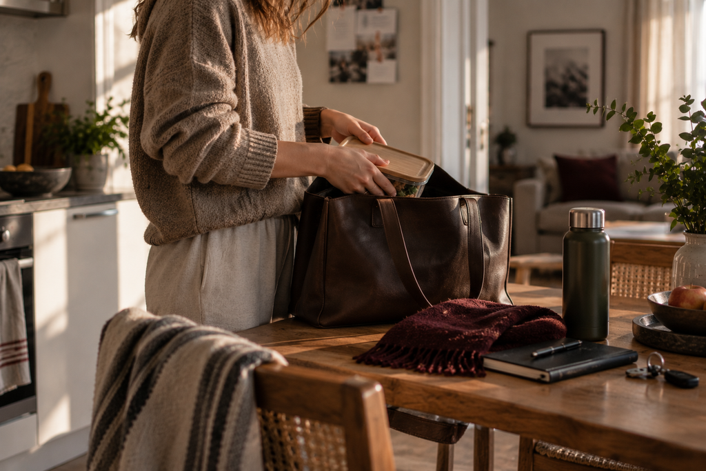 Woman placing a glass lunch container into a brown tote bag on a wooden dining table.