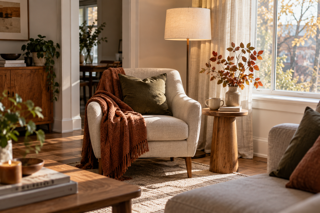 living-dining space after one restrained fall adjustment: chair nearer the window, warm lamp, one textile and a single natural branch, with plenty of negative space