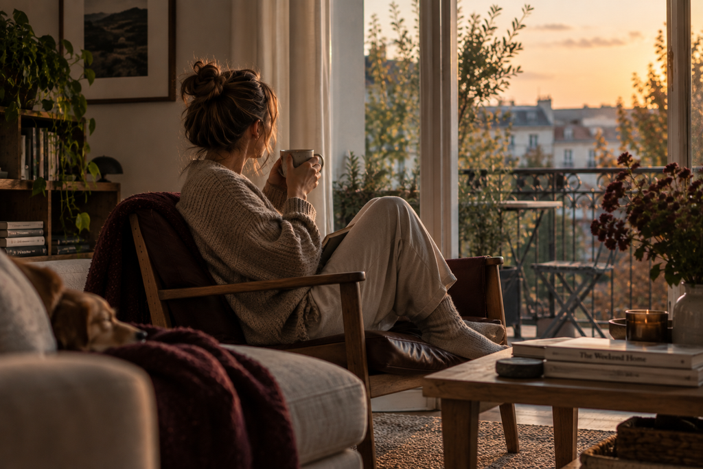 Woman sitting by an open balcony door with a mug, looking out at the city in late-day light.