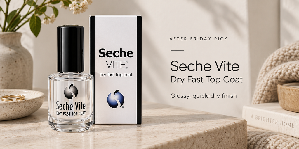 Seche Vite Dry Fast Top Coat presented as a quick-drying glossy finish for polished at-home fall manicures.