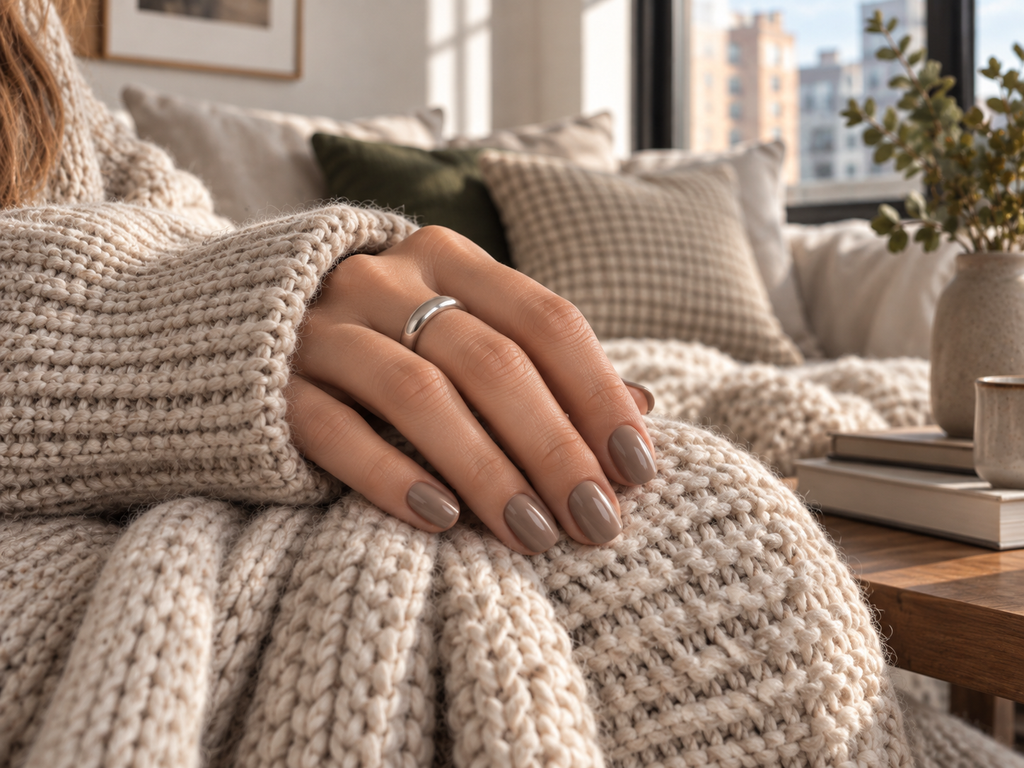 Soft taupe nails resting on a chunky cream knit blanket in bright natural window light.