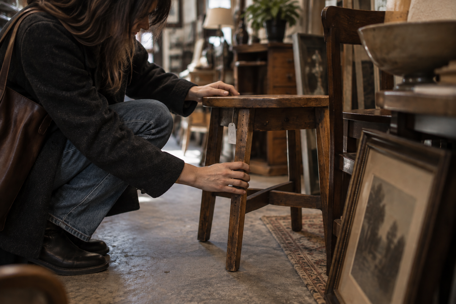 Woman inspecting the joints of a small wooden stool in a thrift store.