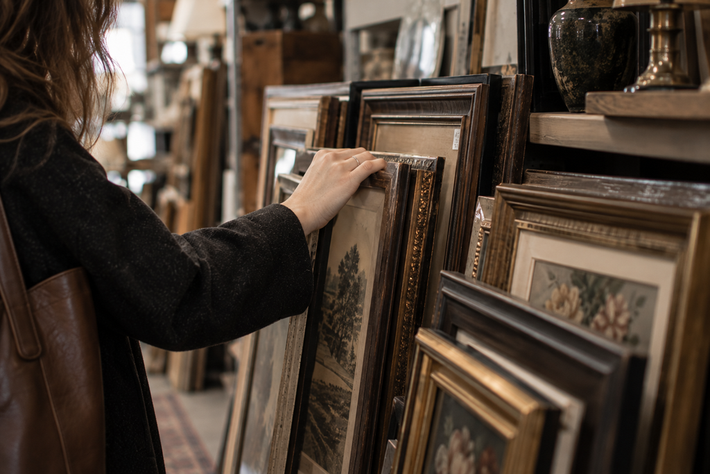Shopper browsing stacked vintage wooden picture frames at a thrift store.