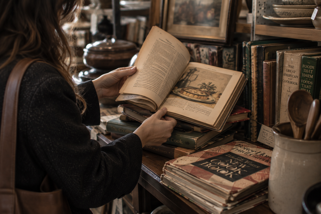 Shopper flipping through an old cookbook in a thrift store.