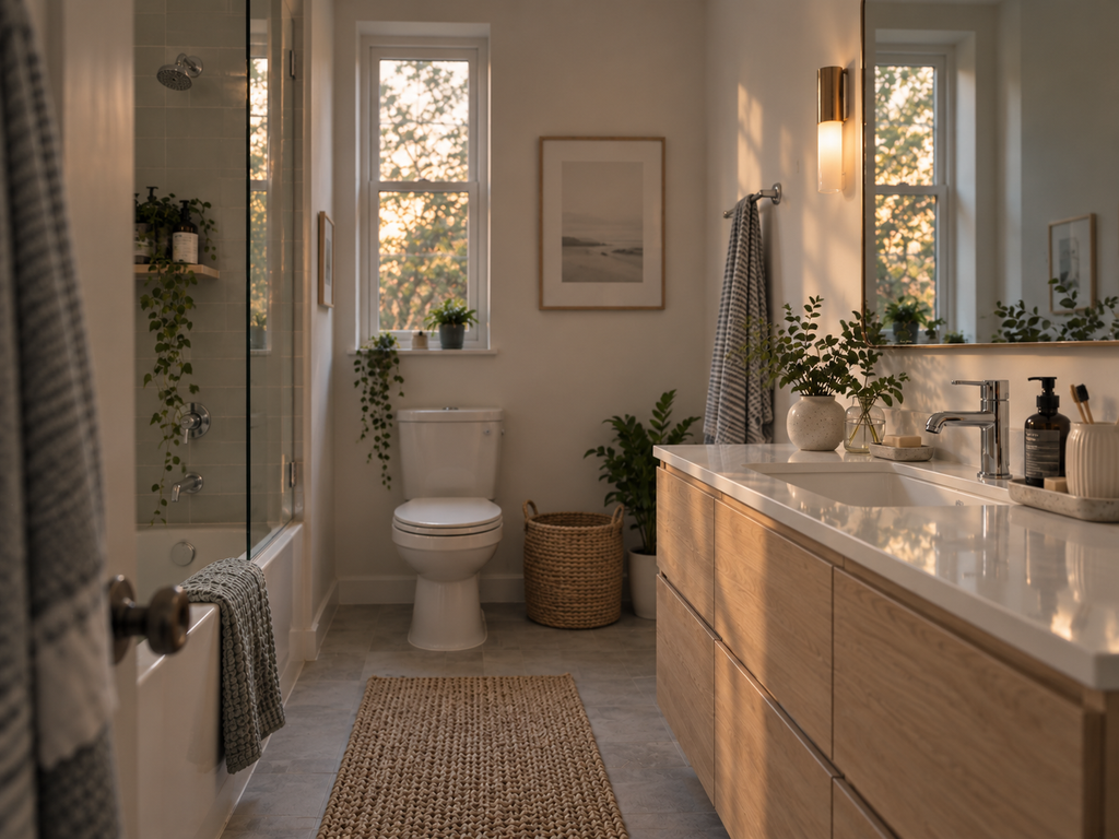 Calm bathroom after a 90-minute reset in soft evening light with clean surfaces, natural wood and fresh towels.