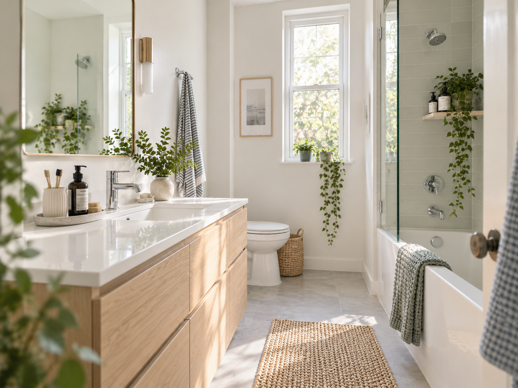 Naturally bright bathroom with a clean white counter, light wood vanity, muted green towels and simple everyday accessories.