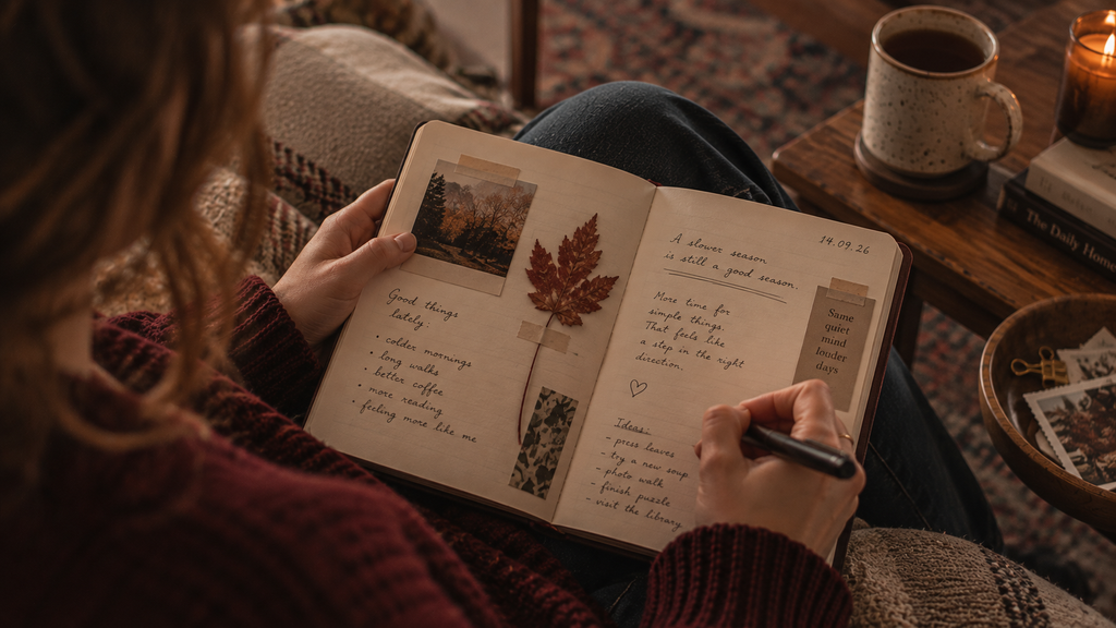 Handwritten commonplace book open on a person's lap.
