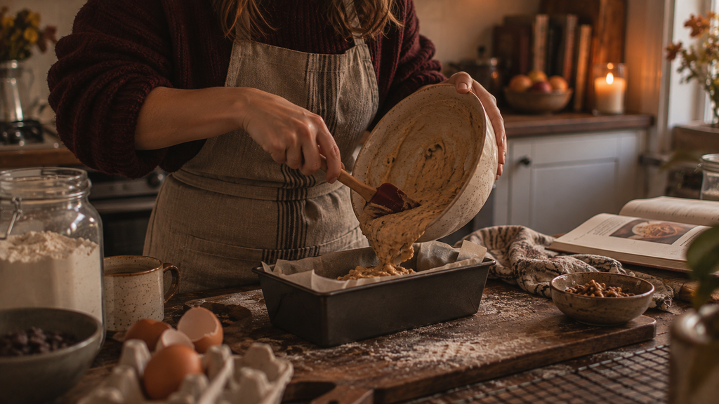 Person pouring batter into a loaf tin in a cozy home kitchen.