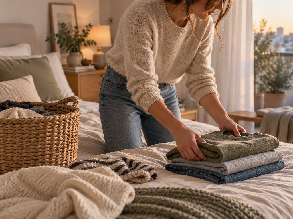 Woman casually folding clean clothes on a bed during a Sunday home reset.