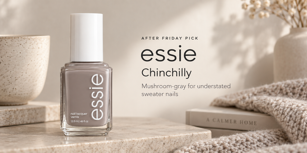 essie Chinchilly presented as a soft mushroom-gray neutral for understated sweater nails and everyday fall manicures.