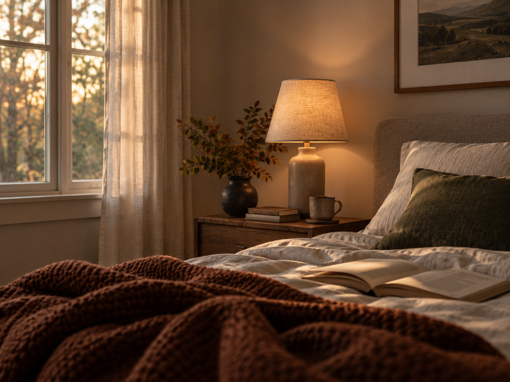 Calm bedroom at dusk with warm bedside light and layered existing textiles creating a subtle fall atmosphere.