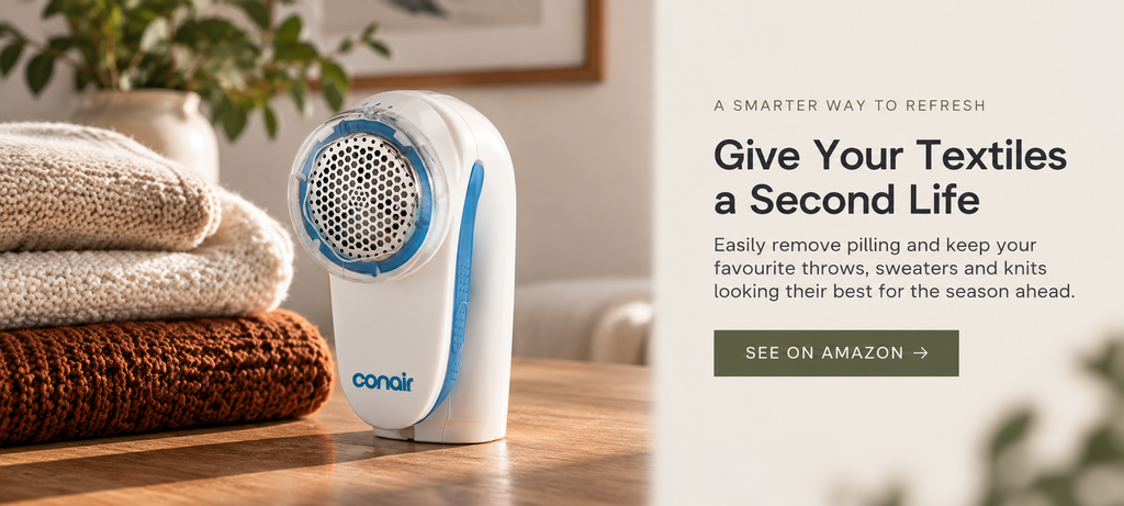 Conair fabric shaver presented as a practical way to refresh existing throws, sweaters and textiles instead of replacing them.