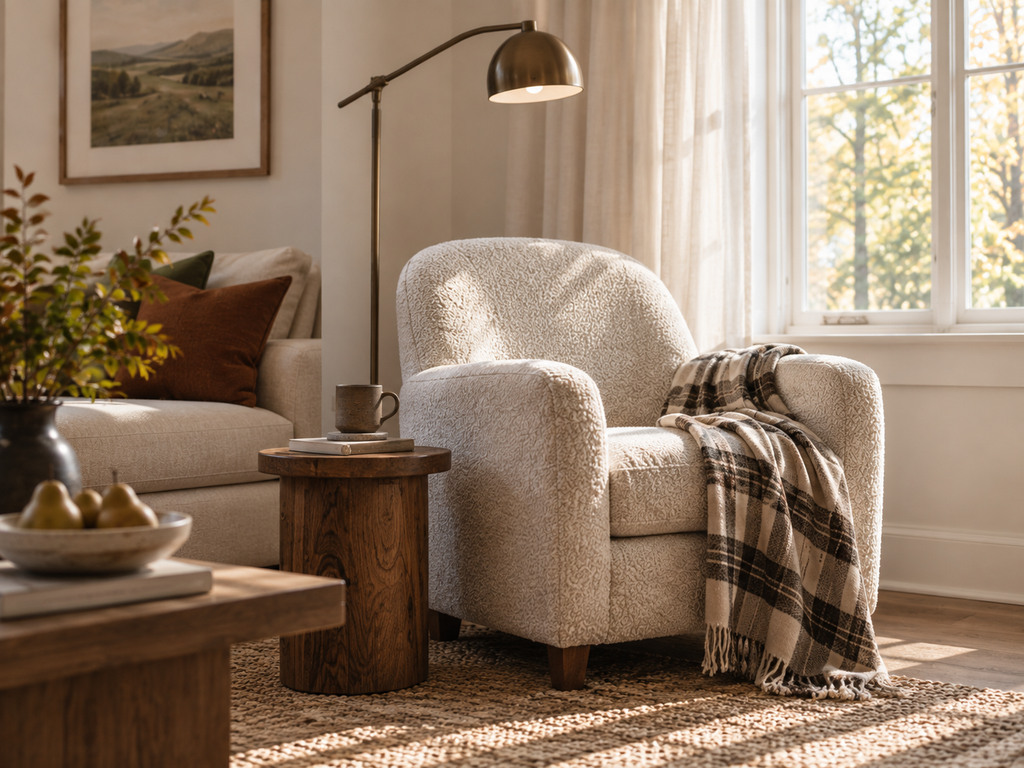 Bright reading corner styled for fall with an existing chair, textured throw, warm wood and soft natural daylight.