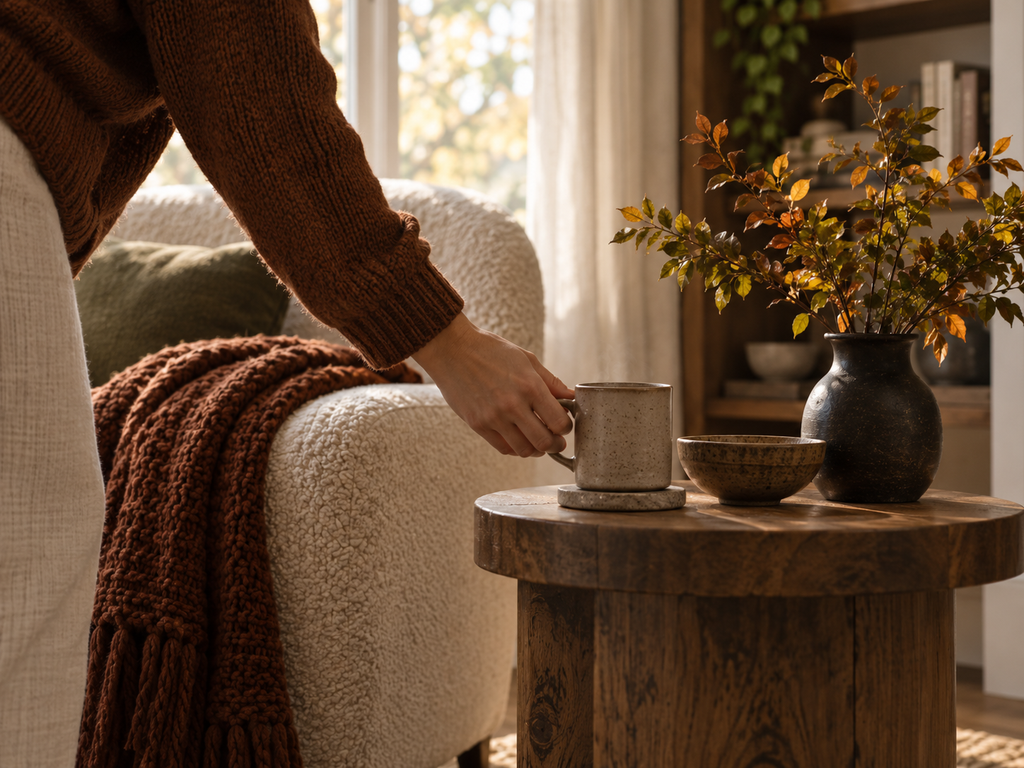 Candid fall-home moment beside a reading chair with a ceramic mug, tactile textiles and restrained seasonal styling.