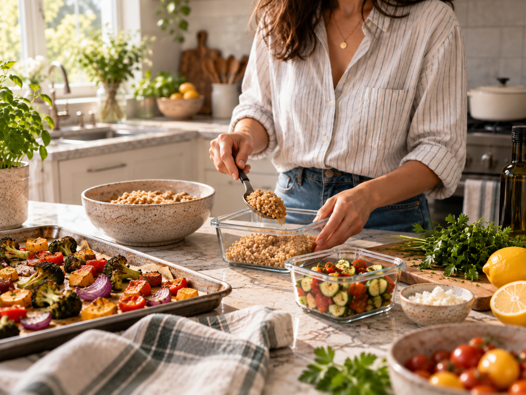 Cooked grains, roasted vegetables, and fresh herbs arranged as flexible weeknight dinner ingredients.