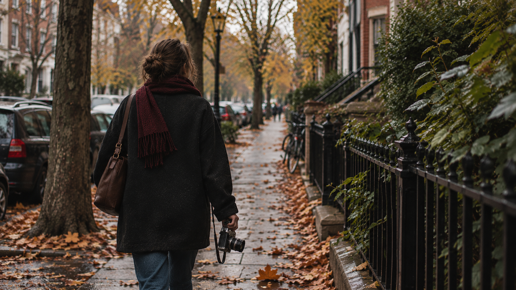 Person carrying a film camera on an autumn neighborhood walk.