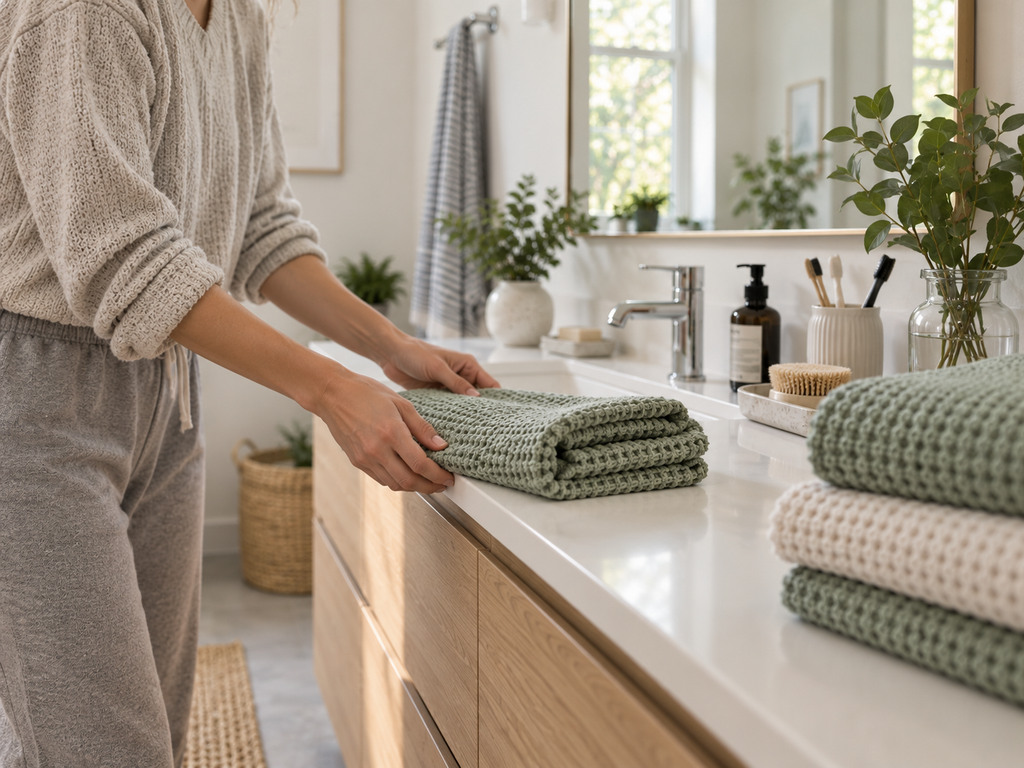 Woman casually folding muted green textured towels on a bathroom vanity during a weekend bathroom reset.