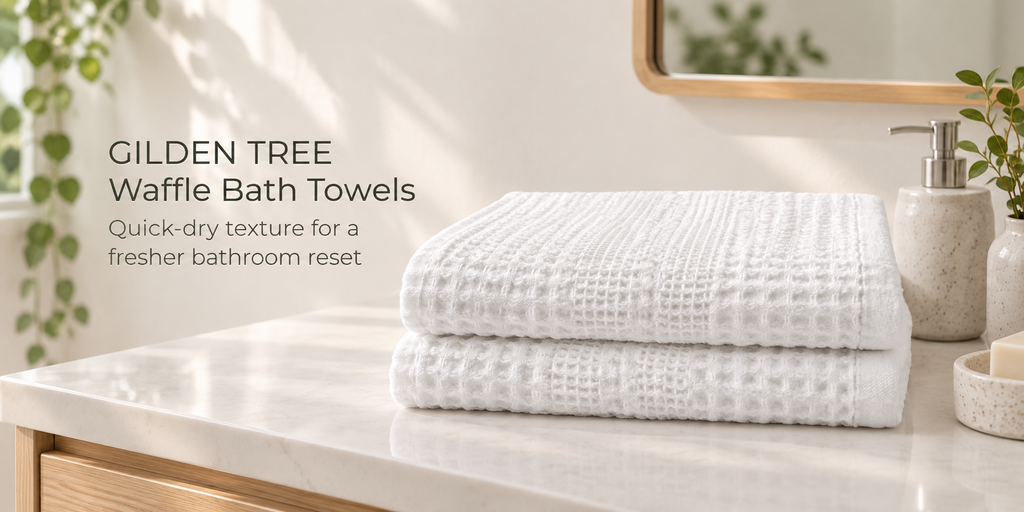 White GILDEN TREE waffle bath towels folded on a bright bathroom vanity.