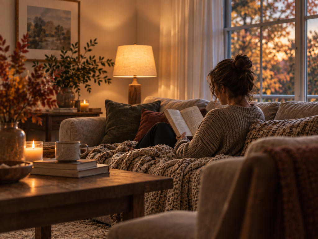 quiet early-evening reading moment in the established living room, partial figure on the sofa, soft lamp light, book as the clear subject and no television visible