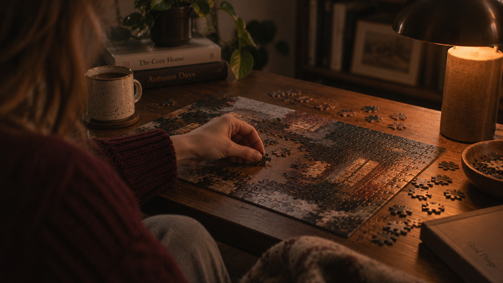 Partially completed jigsaw puzzle left on a table for the evening.