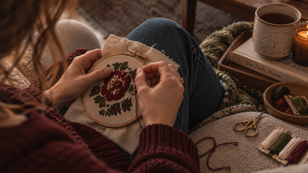 Hands working on an unfinished needlepoint project at home.
