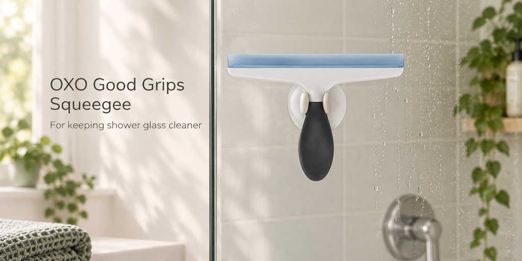 OXO Good Grips squeegee attached to wet shower glass in a bright bathroom.