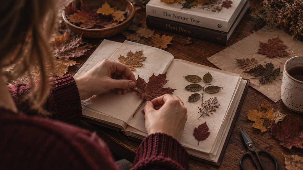 Hands arranging autumn leaves to press at home.